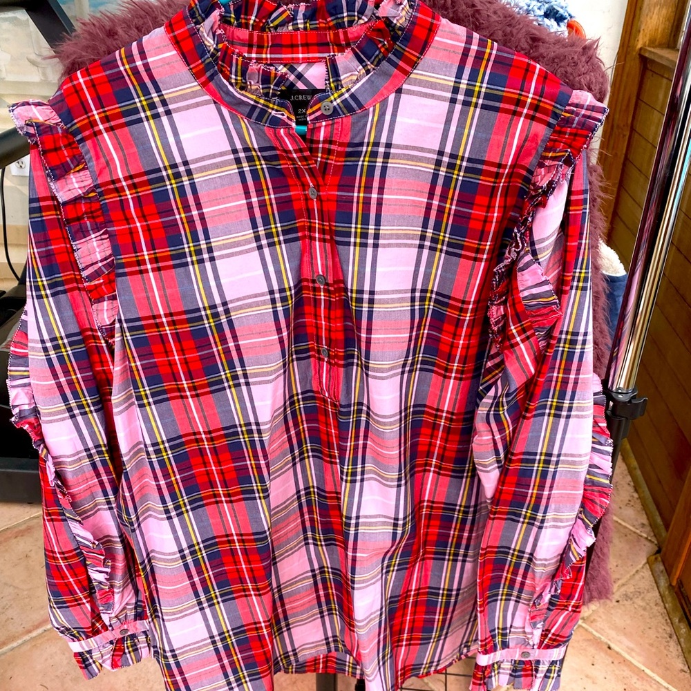Brand New J Crew Plaid Ruffled Blouse.